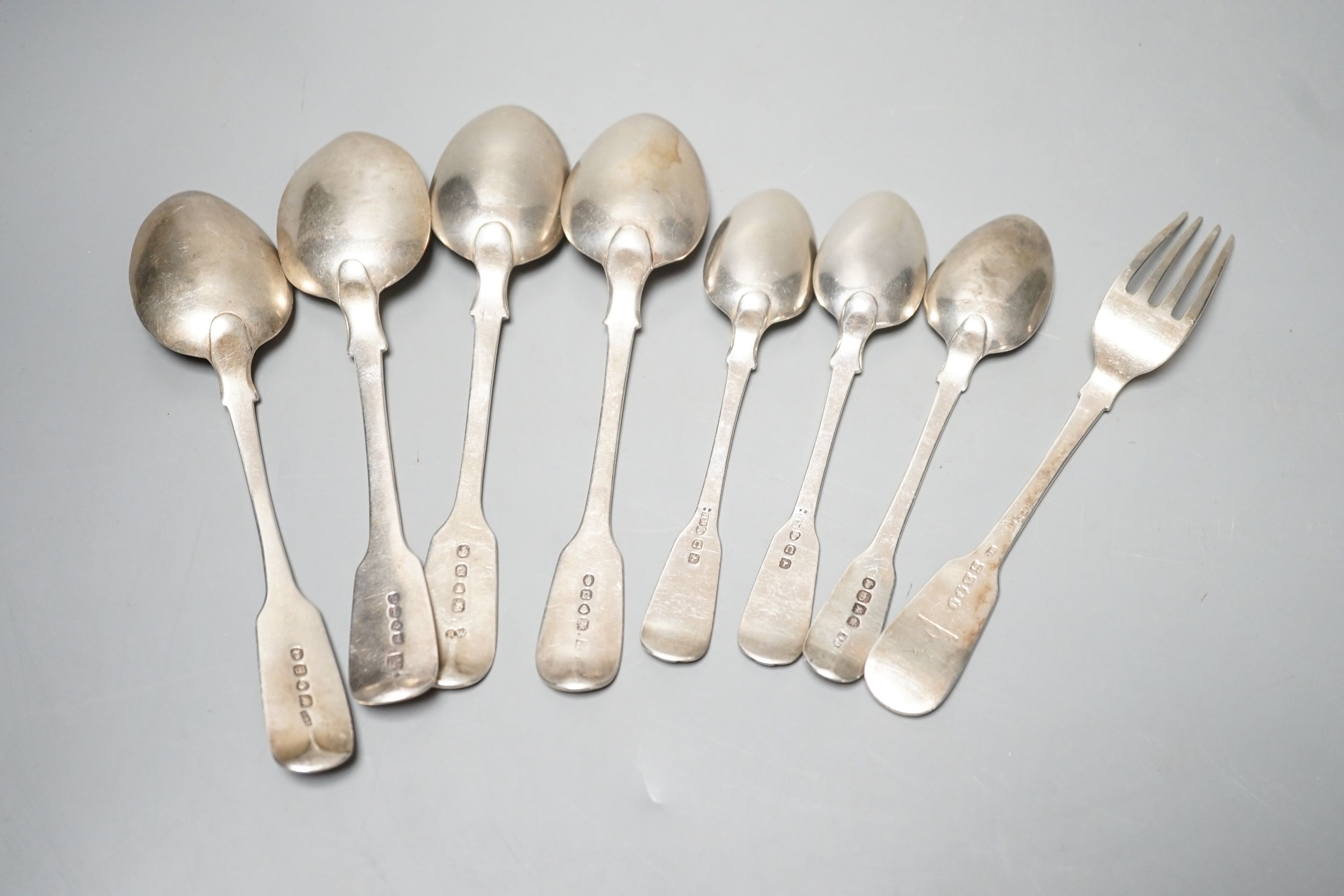 Eight assorted items of 19th century silver flatware, various, patterns, dates and makers, 8.5oz.